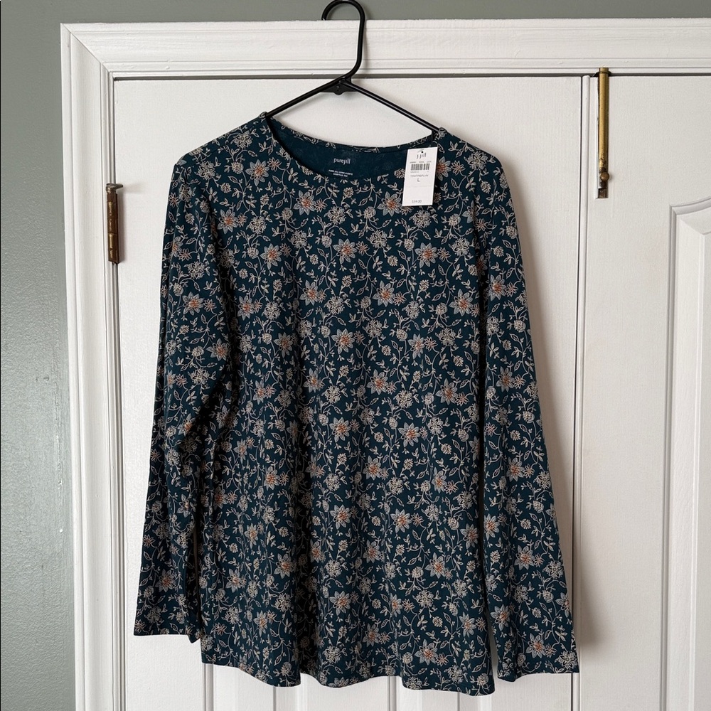 J. Jill Dark Teal Floral Long Sleeve Top
